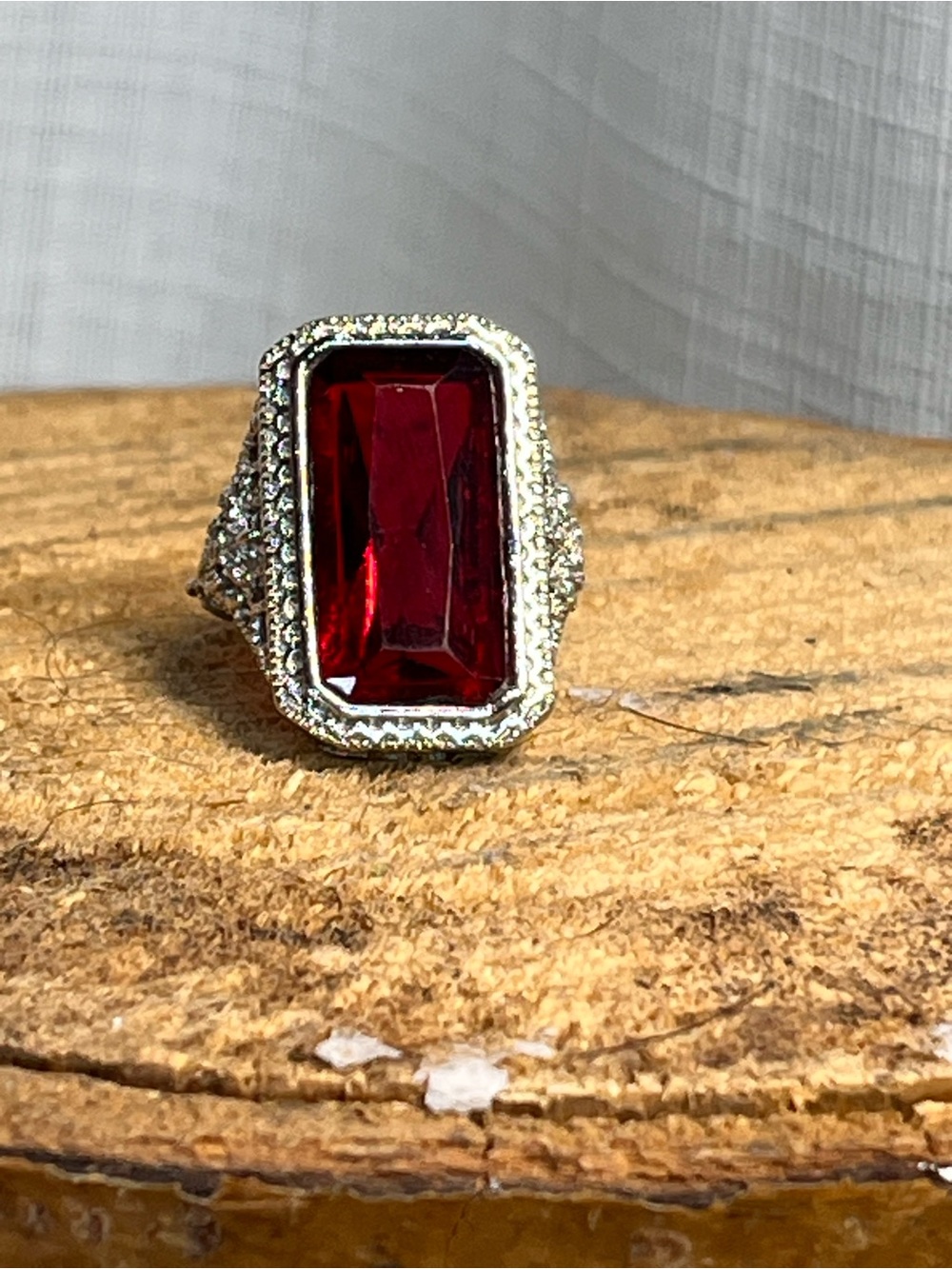 925 Sterling Silver Ruby Red Emerald Cut Cocktail Ring CZ Halo Filigree Size 6